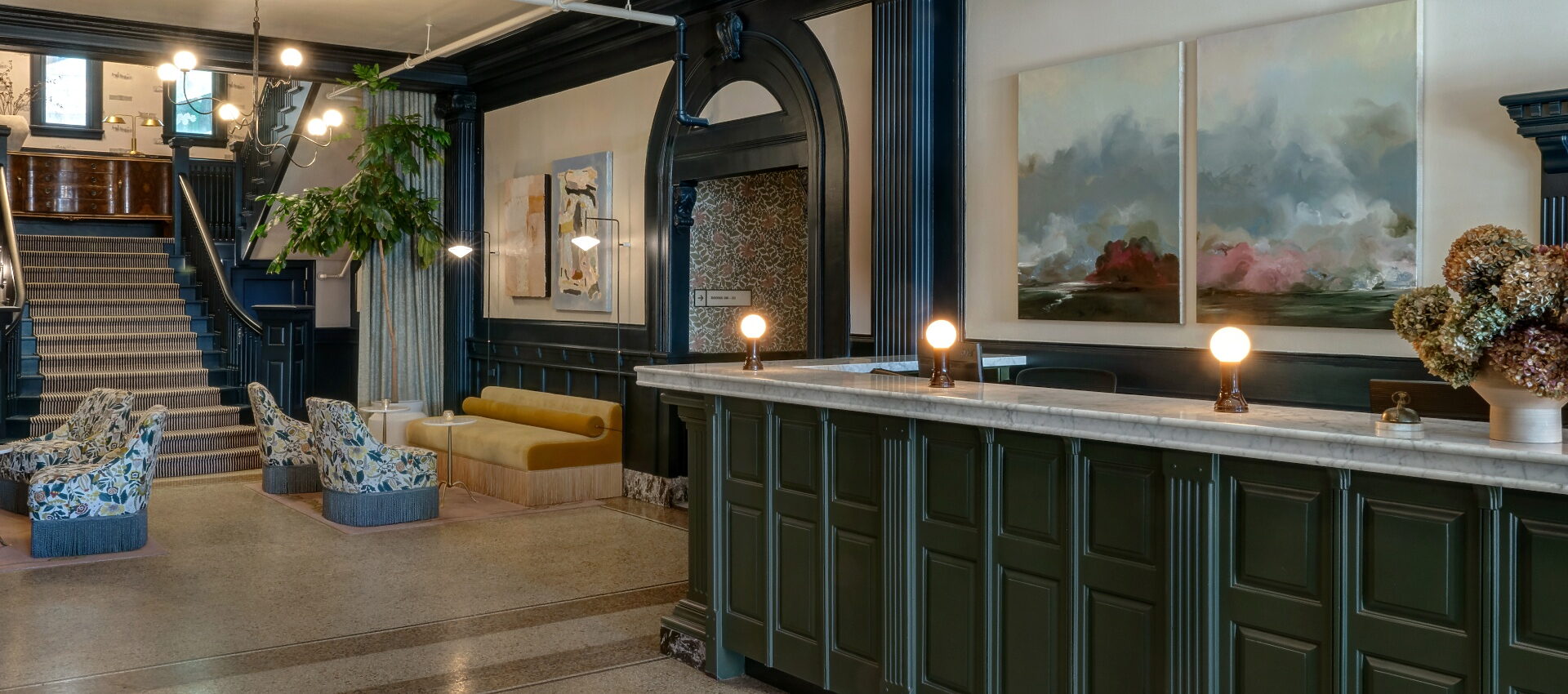 Newly renovated lobby interior at The MarQueen Hotel in Seattle’s Queen Anne neighborhood.